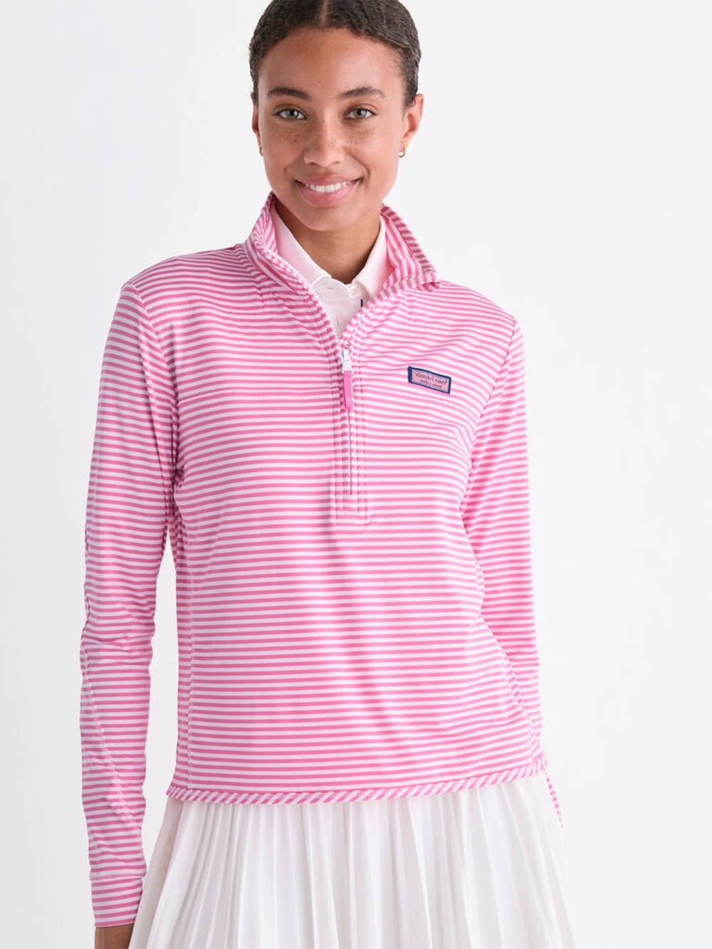 Vineyard Vines Pink & White Striped Long-Sleeve Quarter Zip